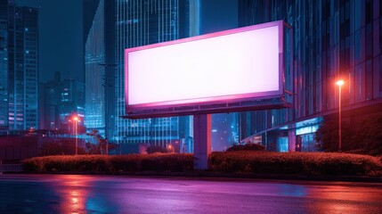 Blank Billboard at Night in Cityscape Modern Building Advertising Space
