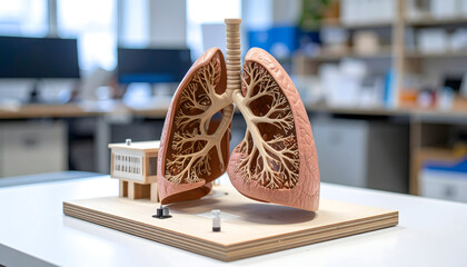 Detailed Anatomical Model of Human Lungs on Wooden Base