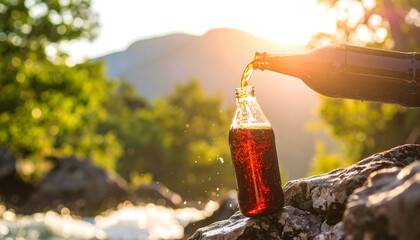 Pouring Brown Soda From Bottle into Clear Bottle at Sunset Mountain Landscape