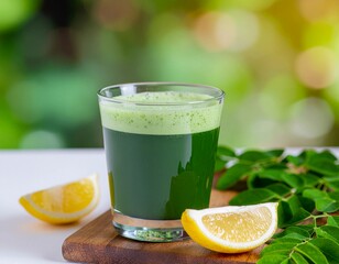 Fototapeta premium Fresh Moringa Juice with Lemon on Wooden Board, Healthy Detox Drink