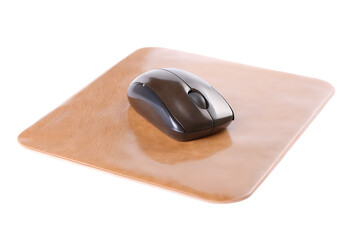Dark computer mouse on tan pad isolated on a transparent background