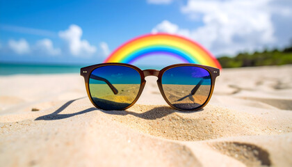 Brown Sunglasses Reflecting Beach and Rainbow on Sunny Day
