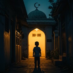 Silhouette of a Child Standing Before a Lit Mosque at Dusk in an Alleyway