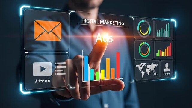 Businessman interacting with virtual digital marketing interface showing ads, analytics, charts, email and video icons. Concept of online advertising, market strategy and business growth
