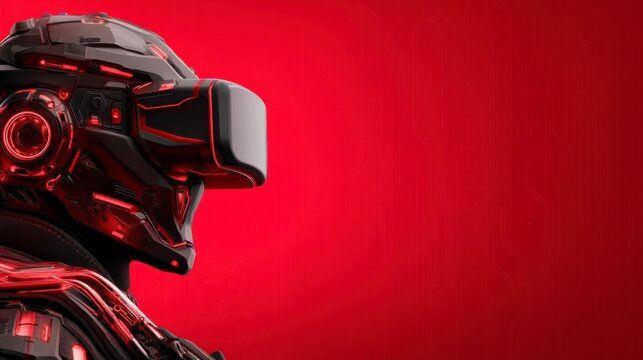 A futuristic robot wearing a black virtual reality headset against a red digital background.