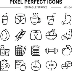 Fitness and nutrition icon set, health drink, muscle growth, calorie tracking, exercise, diet plan, weight management vector pack