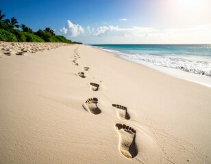 Scenic view of white sandy beach with visible footprints along the shore. Ideal for travel, summer vacation, nature background, and tropical holiday concepts.