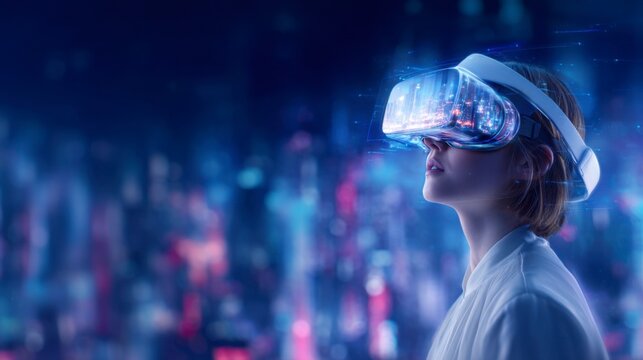 A young woman experiences a futuristic cityscape through a virtual reality headset, immersed in vibrant digital lights and technology.