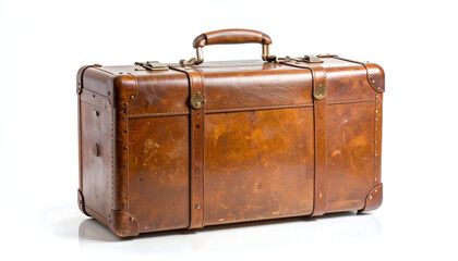 Vintage Brown Leather Suitcase on White Background