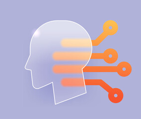 Glass morphism human head with microcircuits. Machine learning vector icon