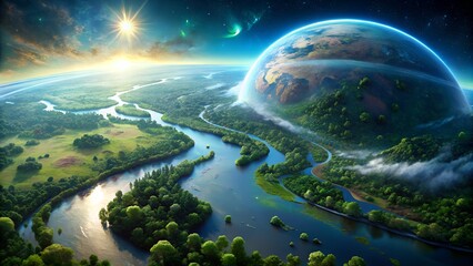 Photo of a stunning aerial view of a lush, green planet with winding rivers and forests, seen from space with a giant earthlike world looming in the background