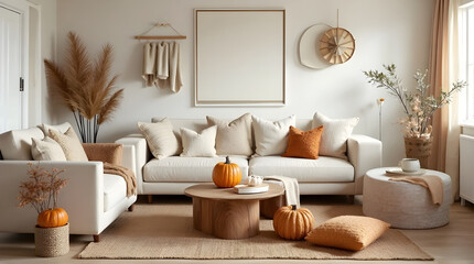 Cozy Neutral Living Room Decor with Autumn Pumpkins and Natural Elements