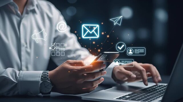Person using smartphone with floating digital icons representing email marketing, communication and social media in modern business environment. Concept of digital marketing, mobile communication and  - Powered by Adobe