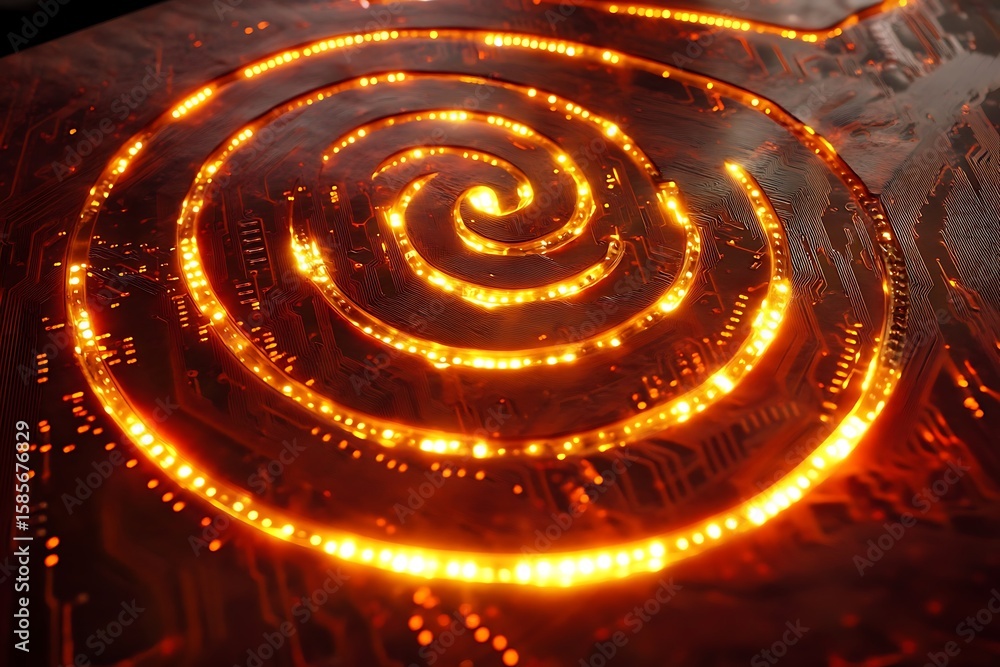 Poster a data circuit panel shaped like a spiral with glowing energy flowing through its structure