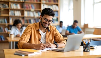 Fototapeta premium Happy Student Studying in Library - Back to school