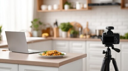 A beautifully arranged plate of food on a kitchen counter with a camera and laptop setup for photography