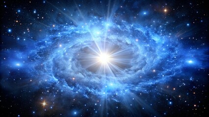 Photo of a brilliant blue galaxy swirls with a bright central star, illuminating the vast expanse of the universe filled with countless stars and cosmic dust