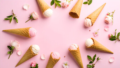 Pink Ice Cream Cones and Roses Flatlay