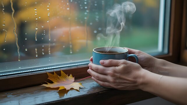 A photograph of two hands gently cradling a steaming ceramic cup of Earl Grey tea near a large windo