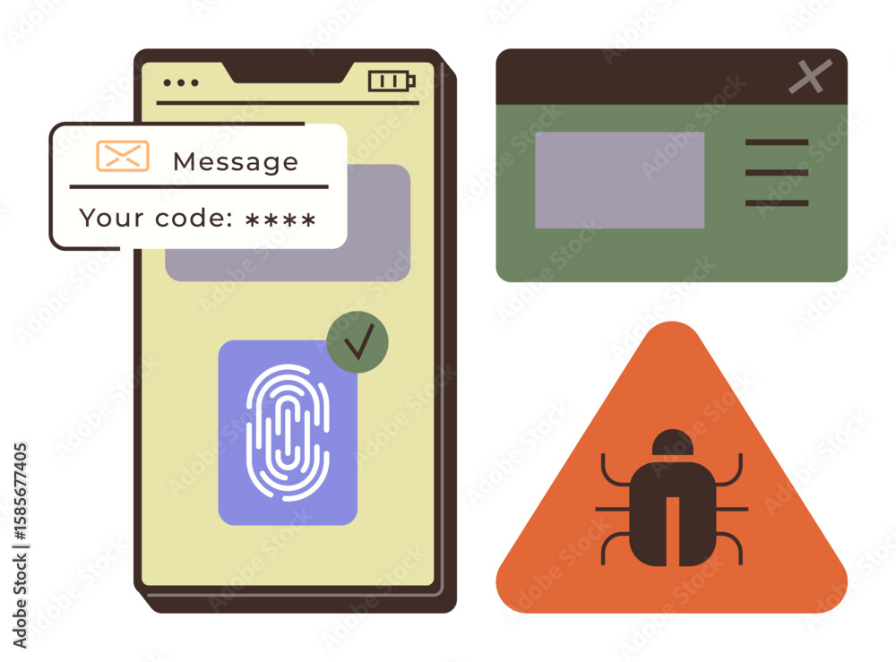 Poster smartphone with biometric fingerprint scan and otp message, warning sign with bug, browser popup. id