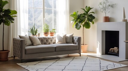 A photograph of a stylish living room bathed in soft natural light streaming through a large window.
