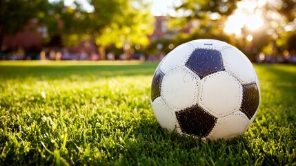 Obraz premium Soccer ball on a grassy field during golden hour, highlighting the excitement of the game.