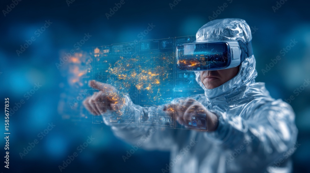 Poster a person in a futuristic suit uses a vr headset to interact with a holographic digital interface in 