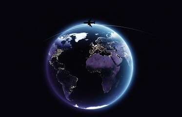 Fototapeta premium Fantasy vision for World Tourism Day showing plane shadow flying over glowing map of Earth with lighted continents in the night sky