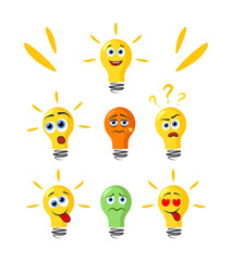 Cartoon light bulb emotions set. Cute idea mascot.