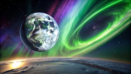 Fototapeta premium Photo of the earth viewed from space, adorned with vibrant green and purple aurora borealis dancing across the atmosphere