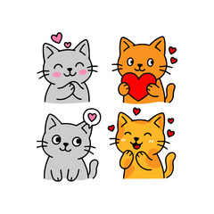 Cute cartoon cats in love icon set.
