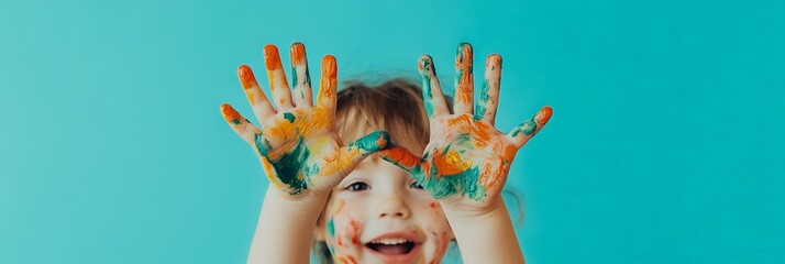 Happy child with colorful painted hands and fingers, smiling joyfully after enjoying a fun filled art class at school or kindergarten, radiating creativity and playful expression