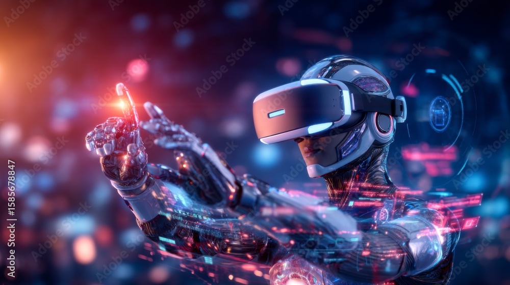 Poster a futuristic humanoid robot wearing a vr headset interacts with a digital interface in a high-tech, 