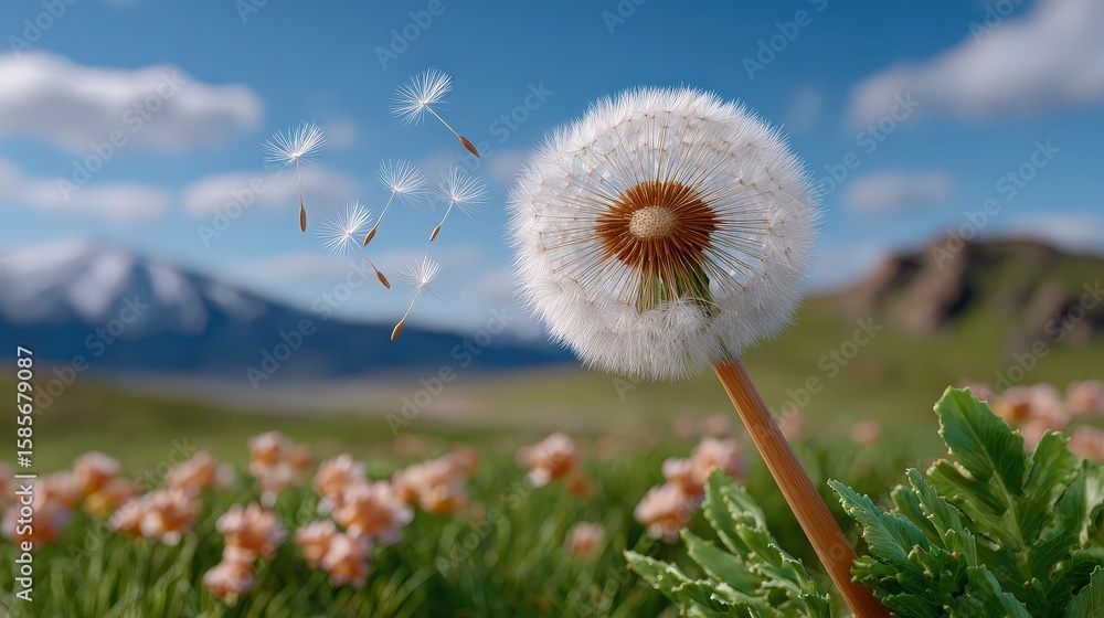 Poster captivating single dandelion seed floating in a scenic background