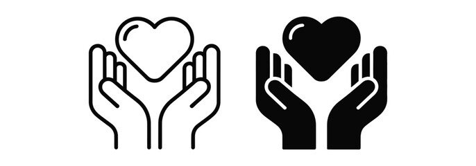 Outlined and solid icon pair of hands holding heart symbol, representing love, care, support, and charity in minimalist black design