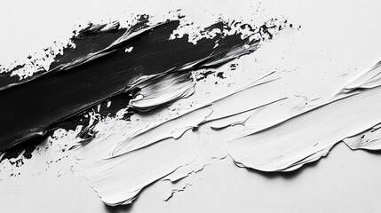 Modern high-contrast black and white oil paint texture with bold brush strokes. Expressive palette knife and chalky textures create dynamic shadows in an abstract artistic wallpaper pattern. Caption s