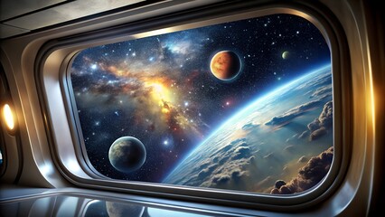 Photo of gazing out of a spaceship window, a breathtaking view unfolds of planet earth, distant planets, and a vibrant nebula illuminating the starfilled expanse of the cosmos