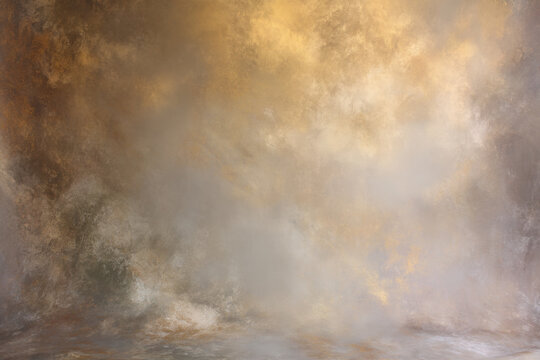 Brown studio painted backdrop. Muted golden and olive tones. Canvas background on the wall and on the floor with a soft transition.