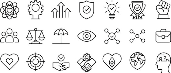 Leadership, growth and success icon set, innovation, teamwork, vision, achievement, global mindset, business ethics, values, outline strategy symbols pack