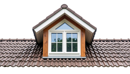 Dormer window with brown tile roof and wooden frame reflecting trees