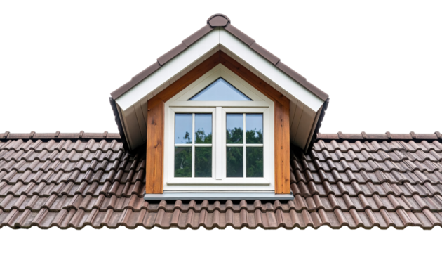 Dormer window with brown tile roof and wooden frame reflecting trees