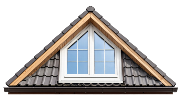 Triangular roof with window and gray tile, bright and clear architectural detail
