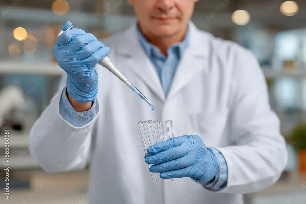 Poster scientists gloved hands using pipet for laboratory experiment action