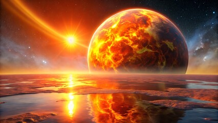 Photo of a surreal alien planet landscape bathed in the intense glow of a nearby star, with a molten, fiery surface reflecting the light across a shimmering liquid expanse