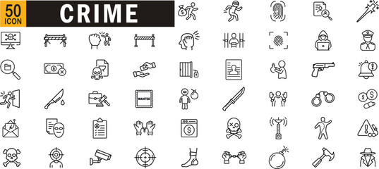 Crime editable outline icon set. Theft, robbery, murder, fraud, investigation, evidence and more.