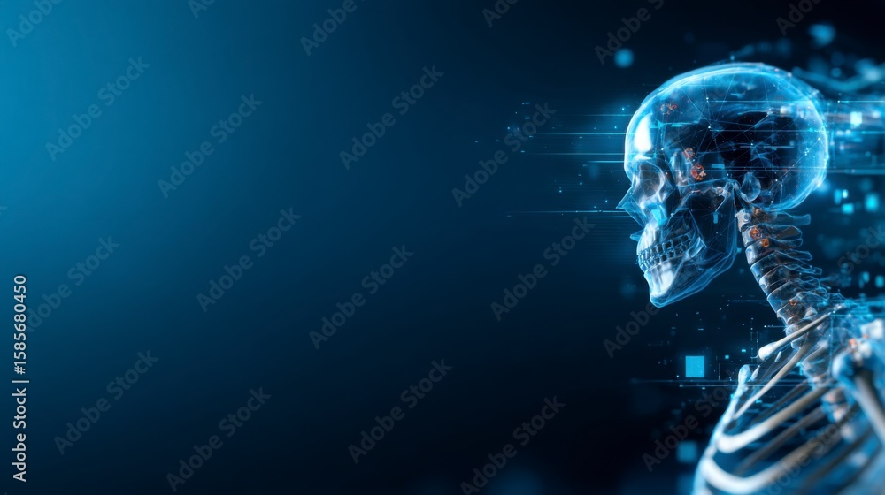 Poster a digital human skeleton with glowing neural connections and data streams, symbolizing the fusion of