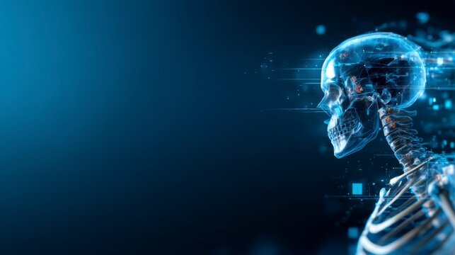 A digital human skeleton with glowing neural connections and data streams, symbolizing the fusion of biology and technology.