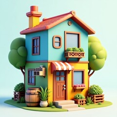 Charming Cartoon House: Vibrant 3D Render of a Two-Story Home with Lush Greenery and Wooden Accents
