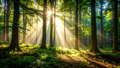 Obraz premium A serene forest landscape with sunlight filtering through the trees design