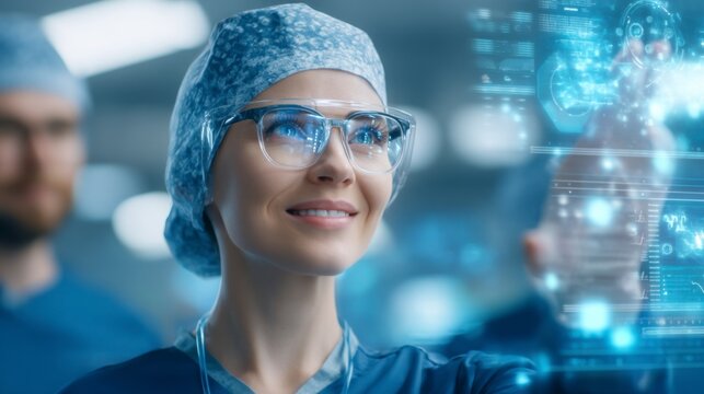 A female surgeon in scrubs and protective eyewear interacts with futuristic digital medical displays in a high-tech operating room.